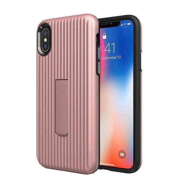 Wholesale Apple iPhone XS / X Cabin Carbon Style Stand Case (Rose Gold)